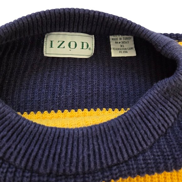 Vintage Izod Men's Sweater XL Navy Blue Yellow Heavyweight Cotton Cozy Cabincore - Picture 4 of 9